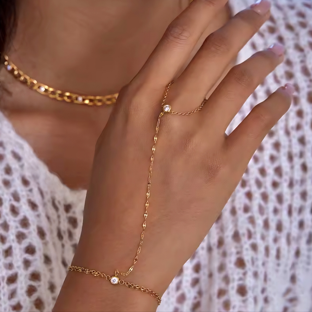 Gold Bezel Set Zirconia Layered Hand Chain Ring Bracelet